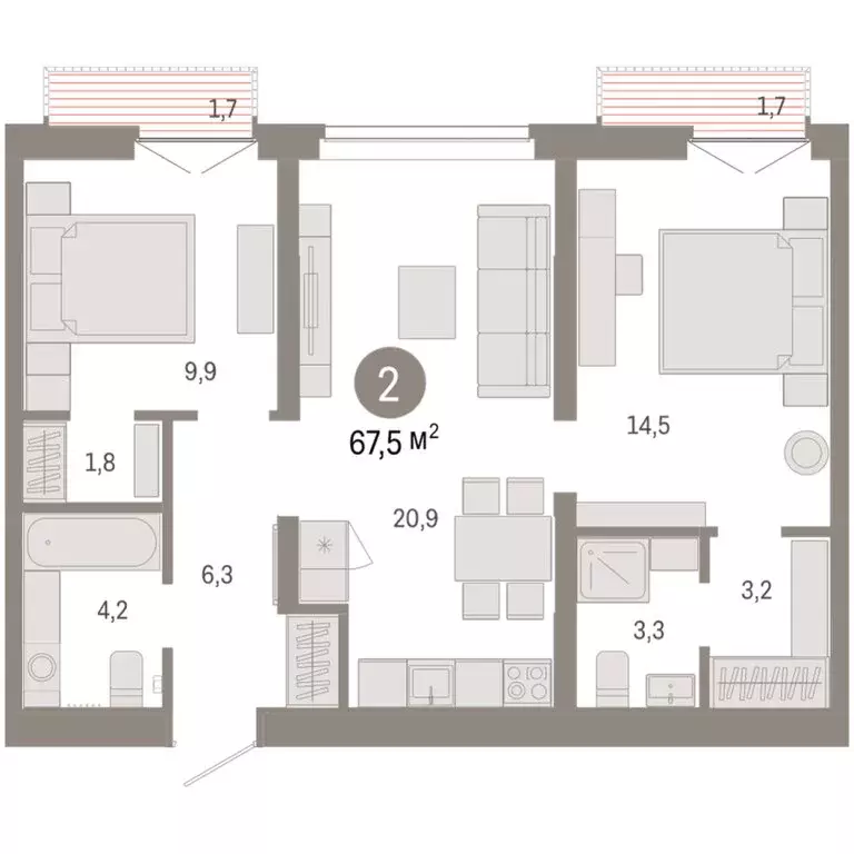 2-комнатная квартира: Тюмень, жилой комплекс Республики 205 (67.54 м) - Фото 2
