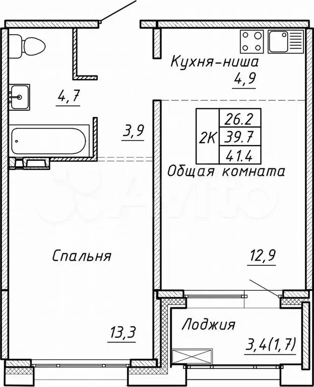 Своб. планировка, 41,4 м, 6/15 эт. - Фото 0
