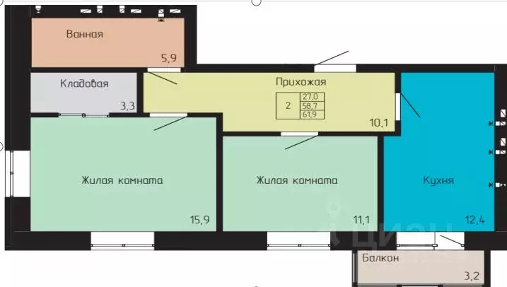 2-к кв. Ставропольский край, Ессентуки  (61.9 м) - Фото 0