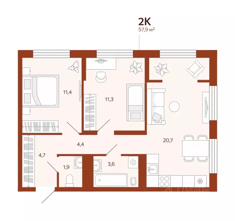 2-к кв. Тюменская область, Тюмень ул. Новаторов, 30 (57.9 м) - Фото 1