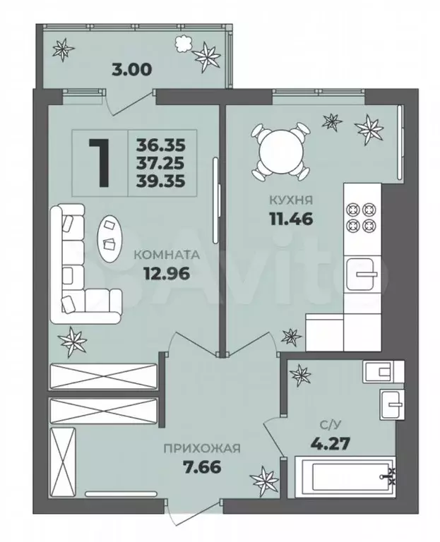 1-к. квартира, 37 м, 3/8 эт. - Фото 1