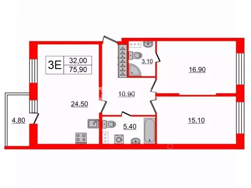 2-к кв. Санкт-Петербург ул. Александра Матросова, 3 (75.9 м) - Фото 2