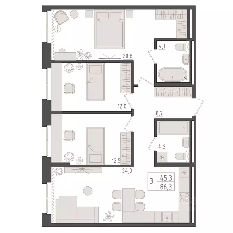 3-к кв. Башкортостан, Уфа 563-й кв-л,  (86.3 м) - Фото 1