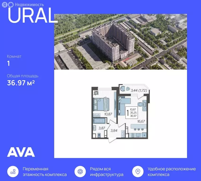 1-комнатная квартира: Краснодар, Уральская улица, 87/7 (36.97 м) - Фото 0