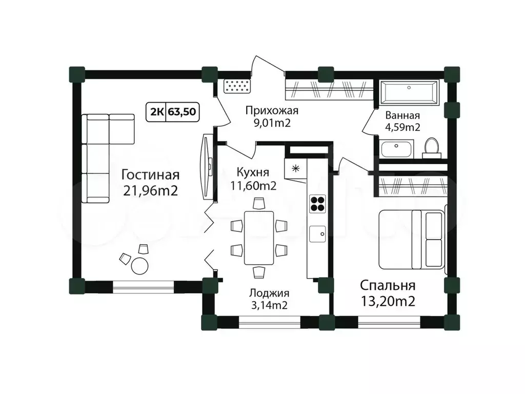 2-к. квартира, 63,5м, 11/12эт. - Фото 1