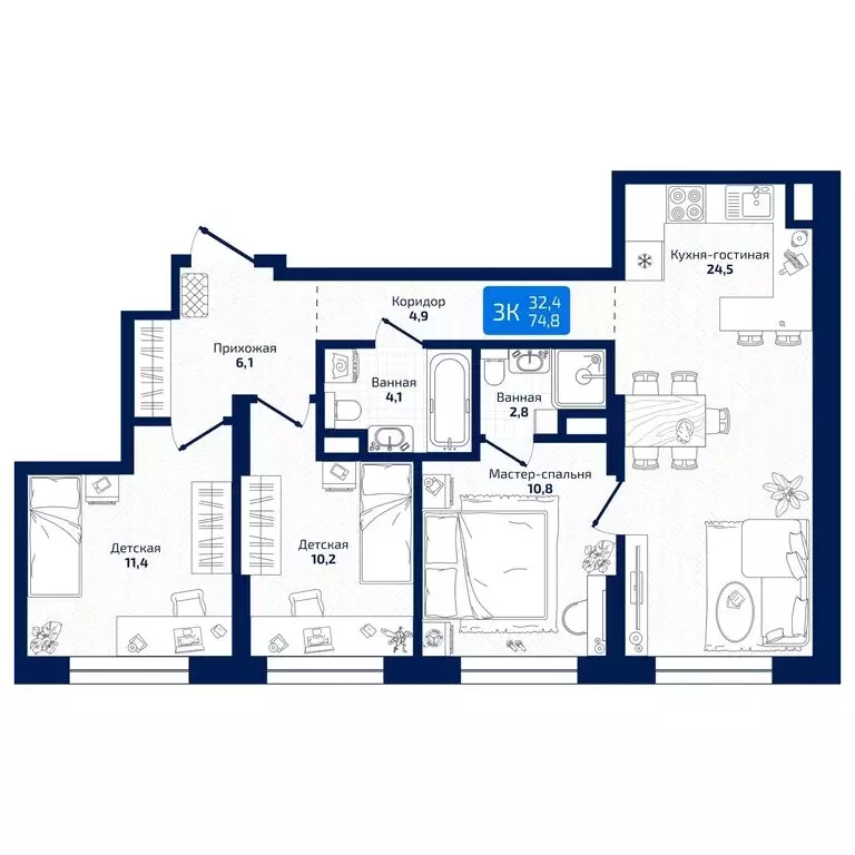 3-комнатная квартира: Самара, 8-я Радиальная улица, 31 (74.8 м) - Фото 1
