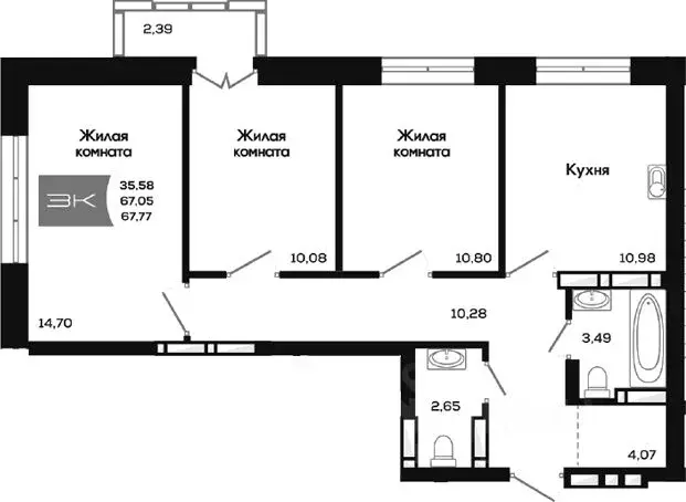 3-к кв. Новосибирская область, Новосибирск ул. Титова, 48 (67.05 м) - Фото 0