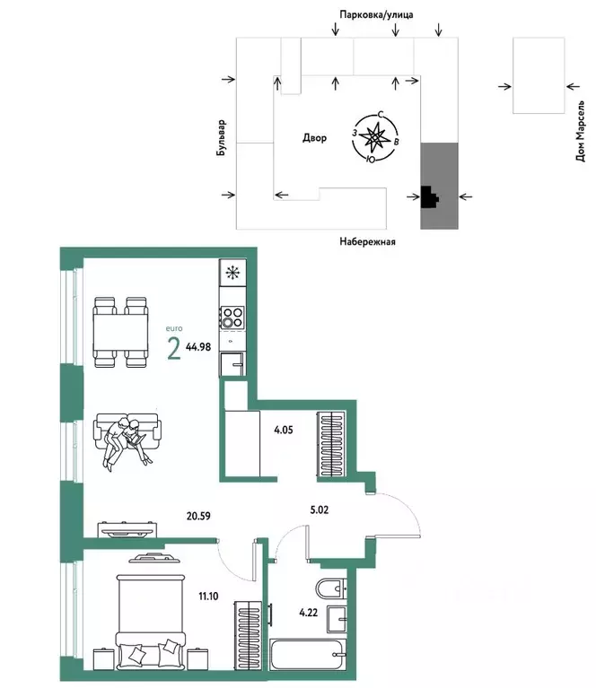 2-к кв. Тюменская область, Тюмень Береговая ул., 100к2 (44.98 м) - Фото 1