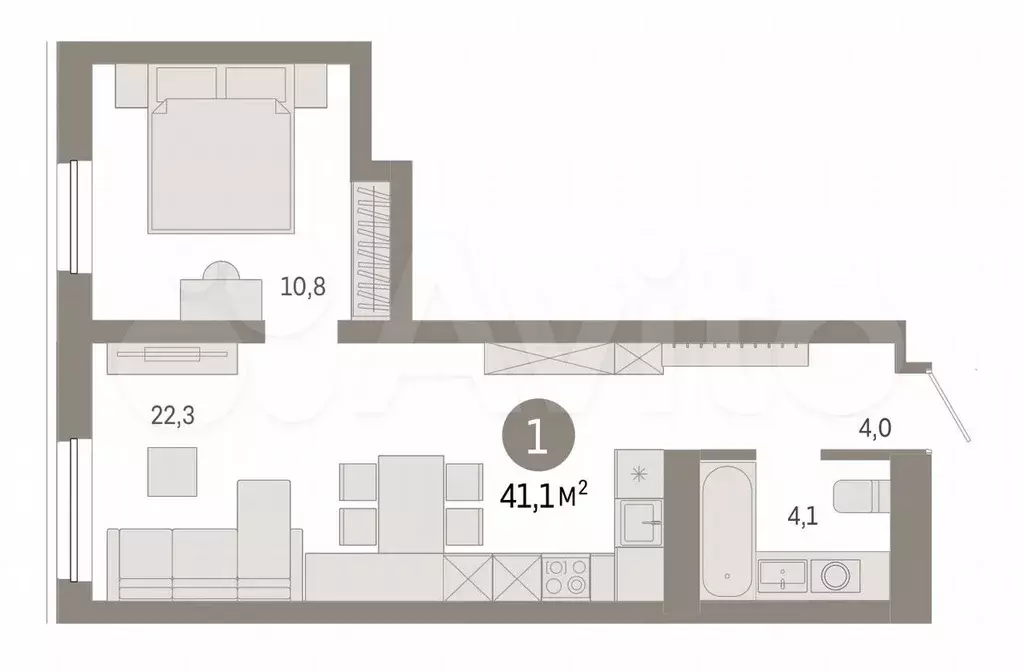 1-к. квартира, 41,1 м, 2/8 эт. - Фото 0