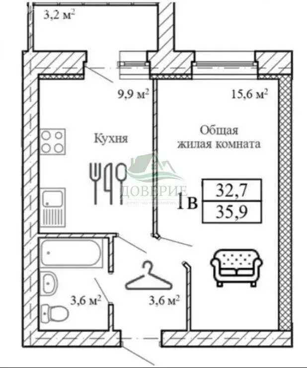 1-комнатная квартира: деревня Крутые Выселки, Строительная улица, 15 ... - Фото 0
