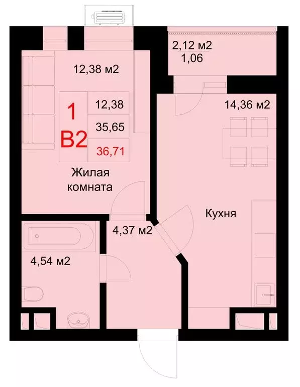 1-комнатная квартира: Казань, улица Рауиса Гареева, 78Б (36.71 м) - Фото 0