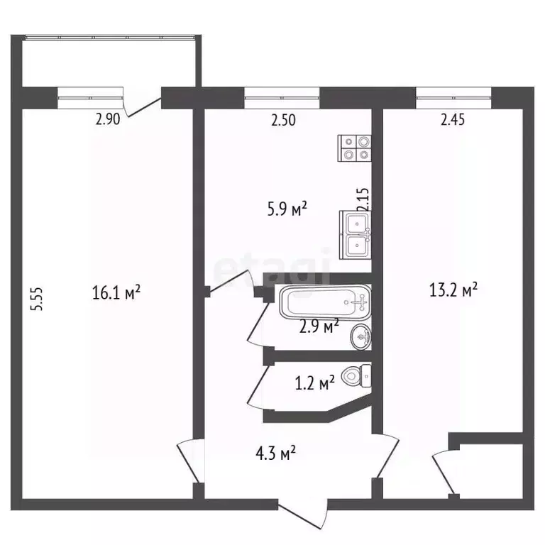 2-к кв. Астраханская область, Астрахань Моздокская ул., 56 (44.2 м) - Фото 2