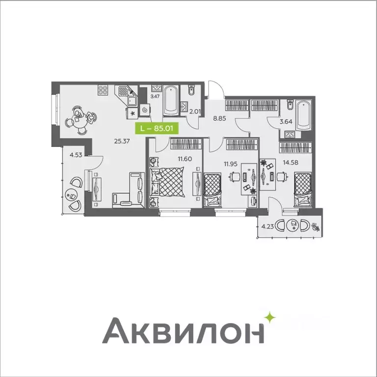 3-к кв. Архангельская область, Архангельск ул. Валявкина, 38 (85.01 м) - Фото 1