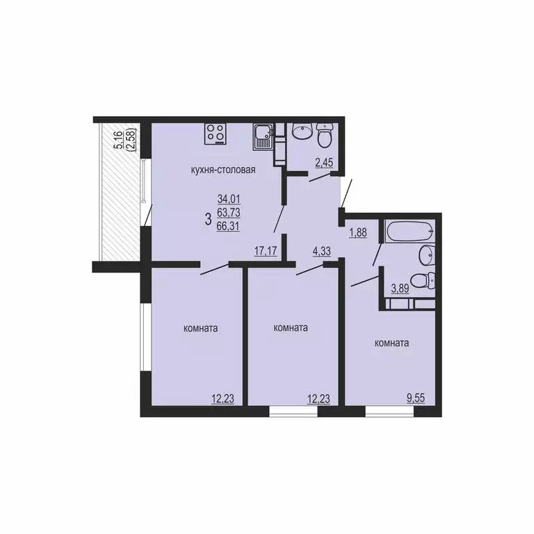 3-комнатная квартира: Западный, улица Дружбы, 6 (66.31 м) - Фото 1