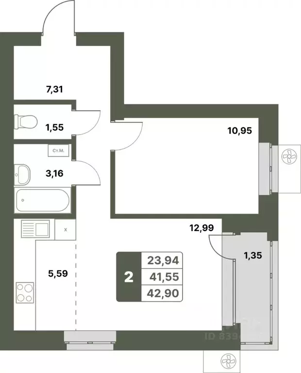 2-к кв. Башкортостан, Уфимский район, с. Миловка  (42.9 м) - Фото 1