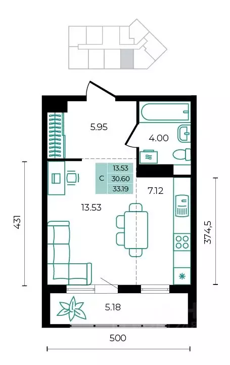 Студия Адыгея, Майкопский район, пос. Тульский ул. Заречная (33.19 м) - Фото 1