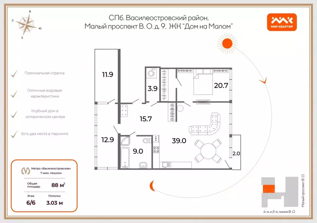 2-к кв. Санкт-Петербург просп. Малый Васильевского острова, 9 (88.1 м) - Фото 1