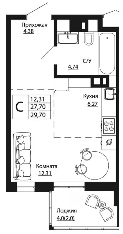 Студия Ростовская область, Ростов-на-Дону ул. Текучева, 370/2 (29.82 ... - Фото 0