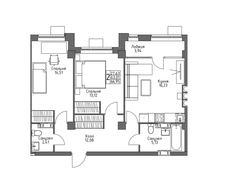 2-к квартира, 66.95 м - Фото 0