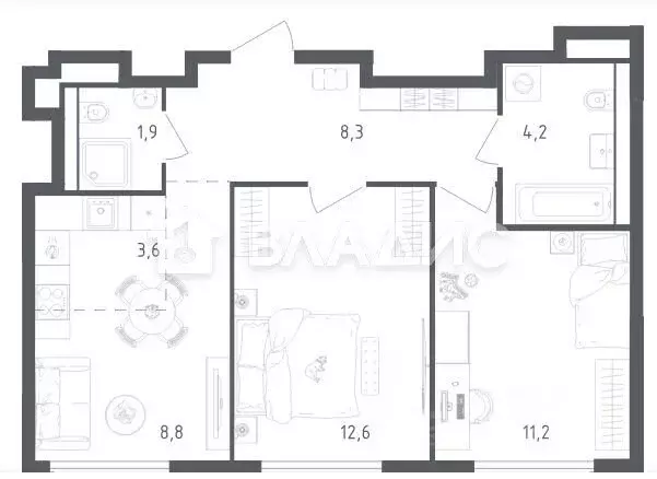 3-комнатная квартира: Заречье, ЖК Заречье Парк, к3.1 (50.6 м) - Фото 1
