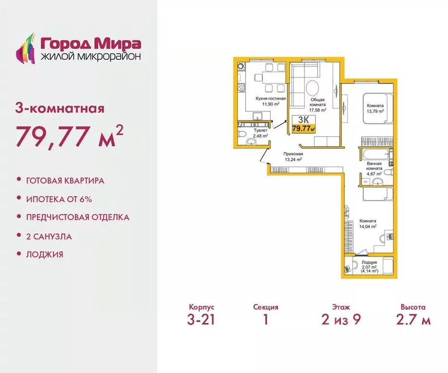 3-к кв. Крым, Симферополь Город Мира жилой комплекс (79.77 м) - Фото 1