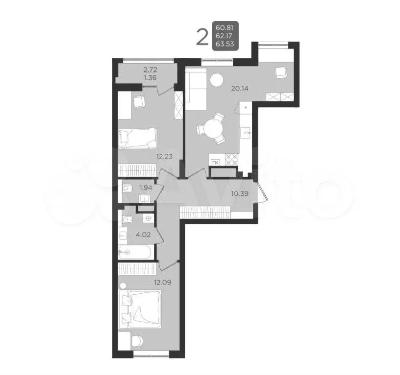 2-к. квартира, 62,4 м, 6/9 эт. - Фото 1