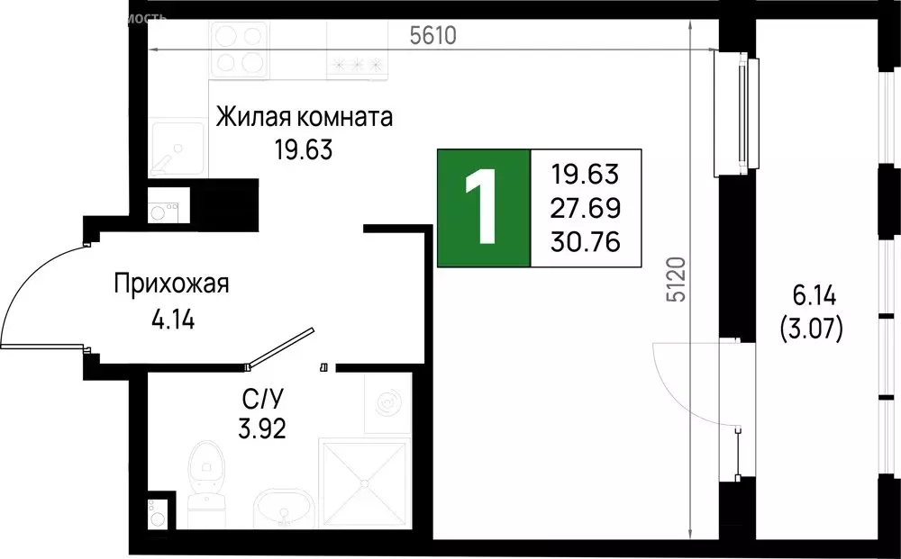 1-комнатная квартира: Новосаратовка, ЖК Имена (30.76 м) - Фото 1