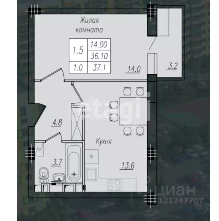 1-к кв. Курская область, Курск ул. Энгельса, 158к1 (37.1 м) - Фото 1