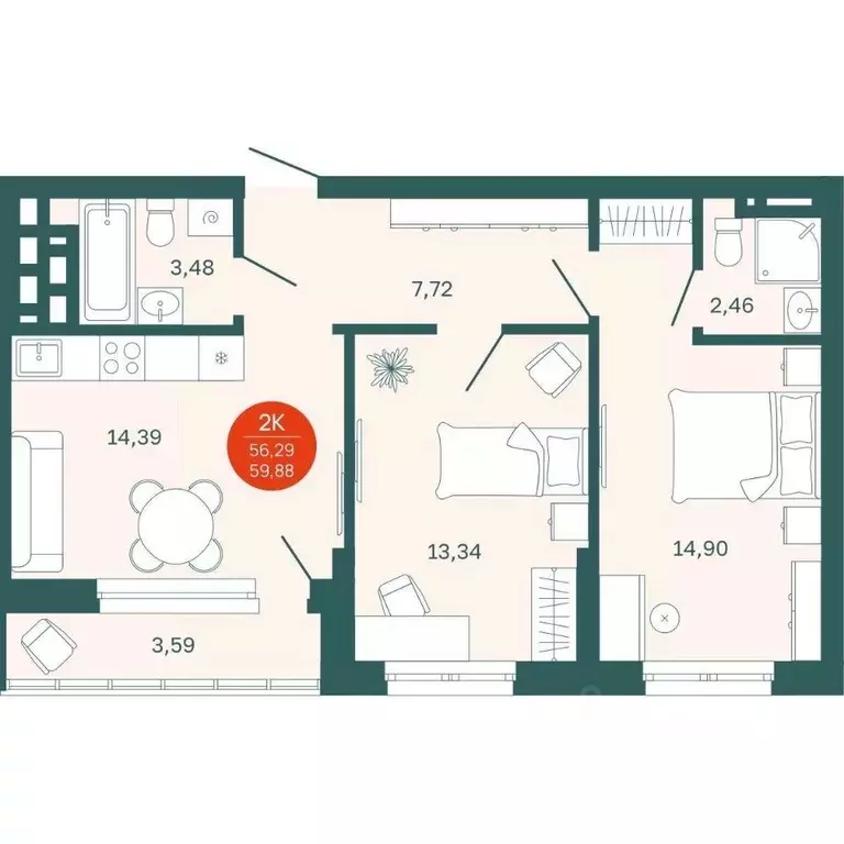 2-к кв. Тюменская область, Тюмень Одесская ул., 7к2 (56.29 м) - Фото 0