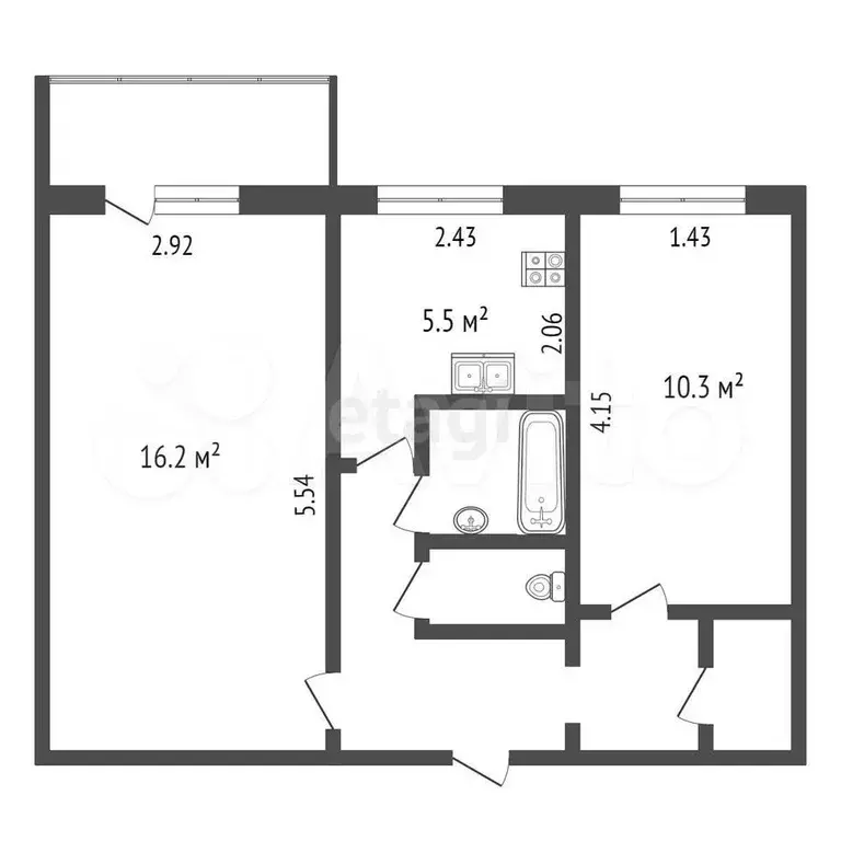 2-к. квартира, 43,3 м, 3/5 эт. - Фото 0