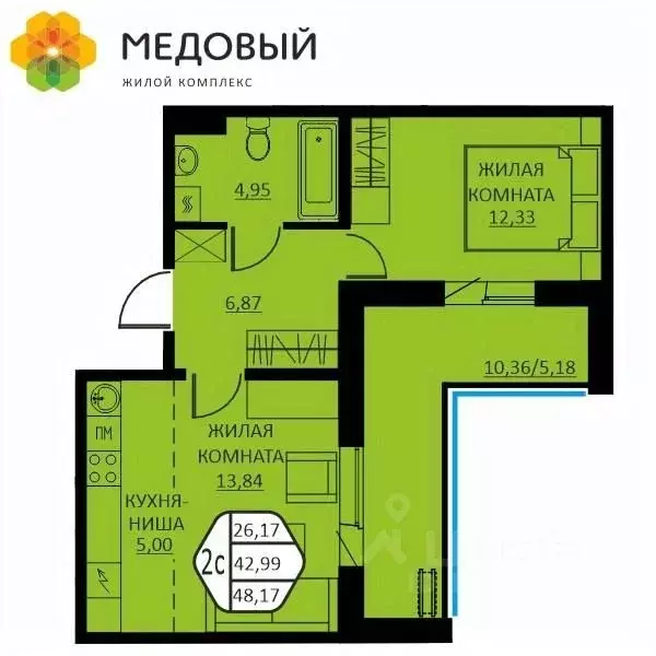2-к кв. Пермский край, д. Кондратово ул. Г.Н. Нифантова, 12 (48.17 м) - Фото 0