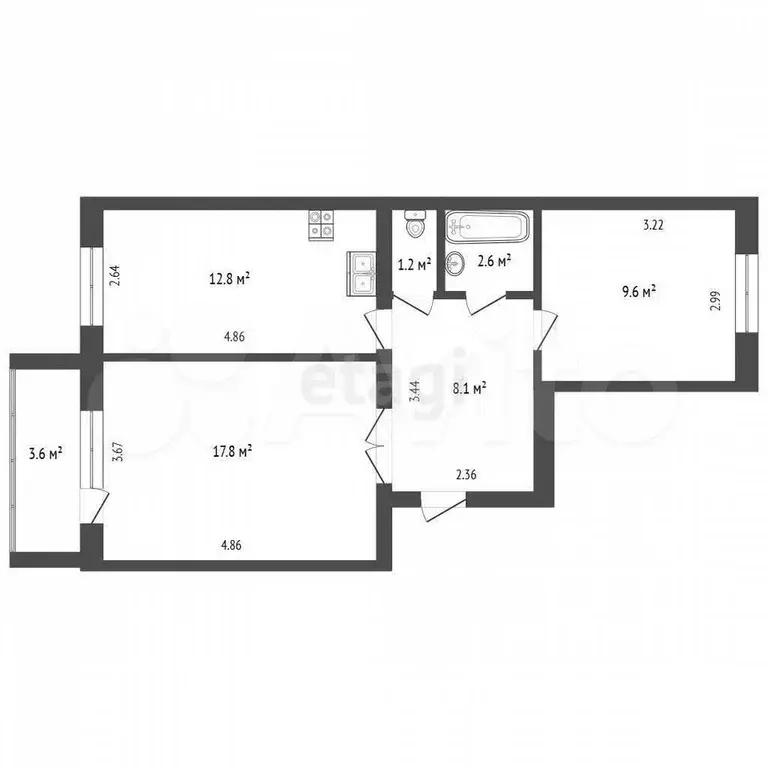 2-к. квартира, 52,1 м, 1/5 эт. - Фото 0