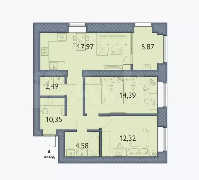 2-к. квартира, 68 м, 1/8 эт. - Фото 1