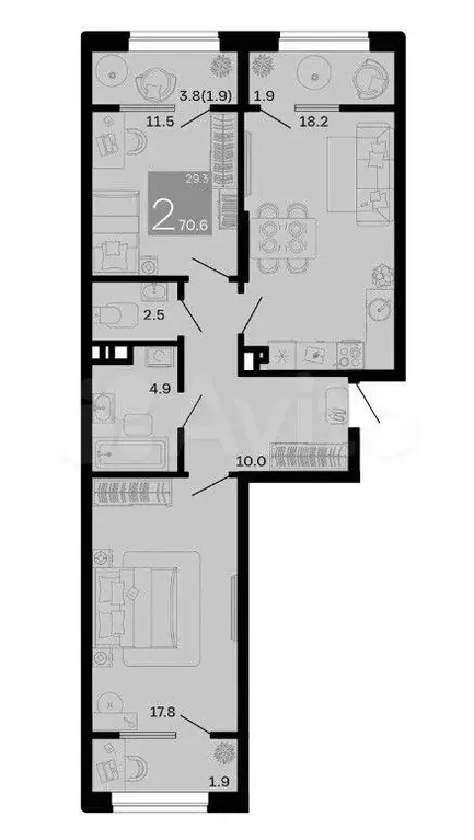 2-к. квартира, 70,6 м, 4/9 эт. - Фото 1