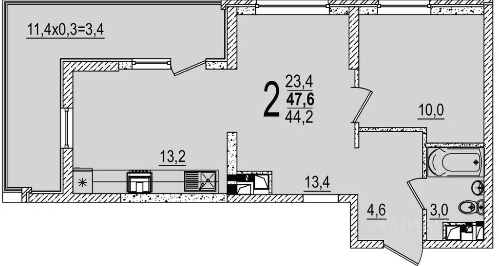 Квартира, 2 комнаты, 47.2 м - Фото 0