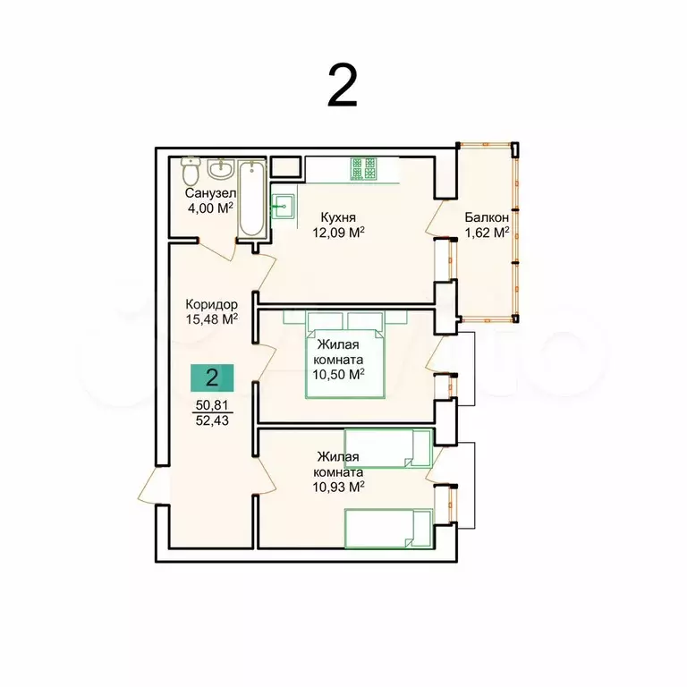 2-к. квартира, 52,4 м, 9/9 эт. - Фото 0