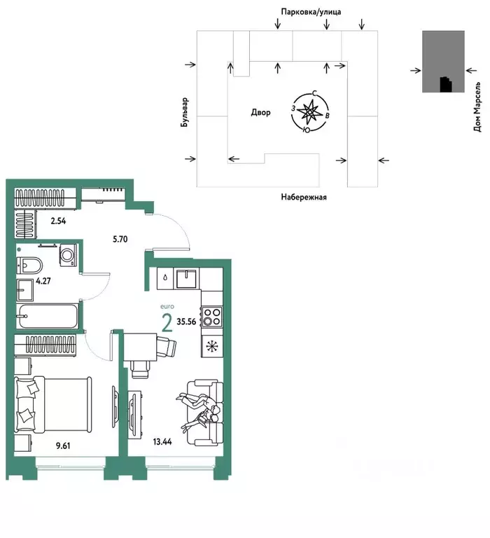 2-к кв. Тюменская область, Тюмень Береговая ул., 100к2 (35.56 м) - Фото 1