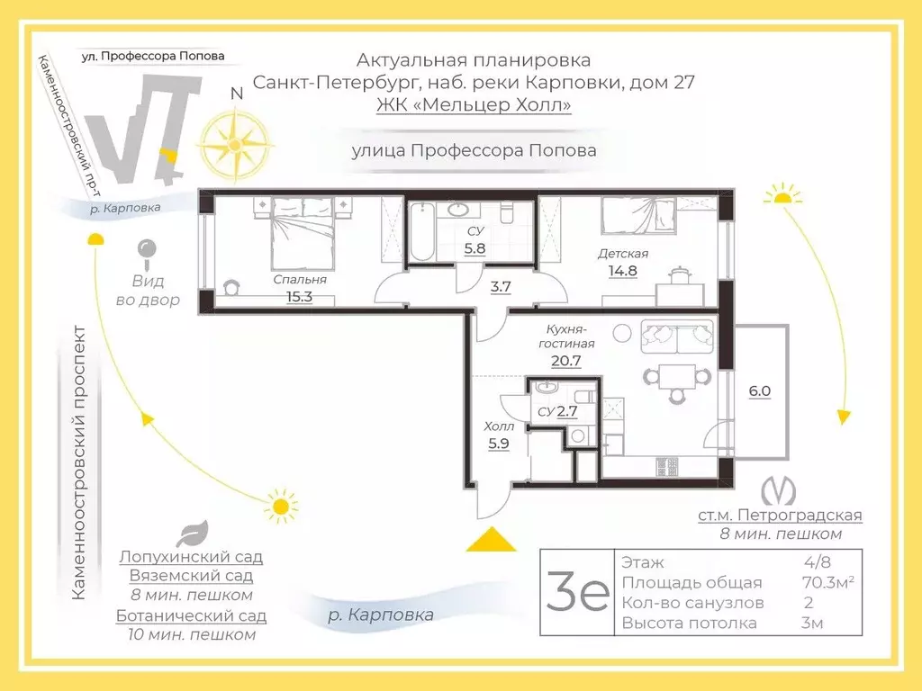 2-к кв. Санкт-Петербург наб. Реки Карповки, 27Б (70.3 м) - Фото 2