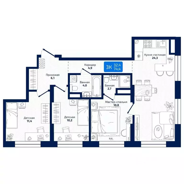 3-к кв. Самарская область, Самара ул. 8-я Радиальная, 31 (74.4 м) - Фото 1