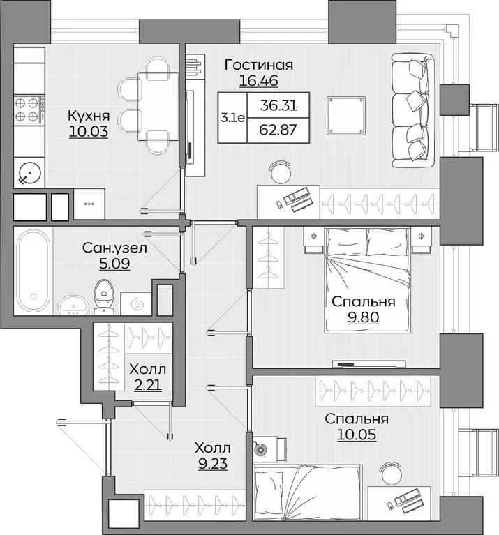 3-к квартира, 62.87 м - Фото 0