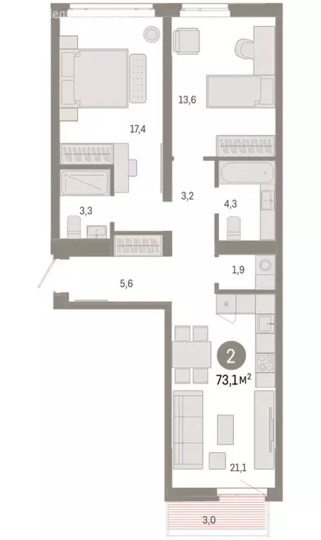 2-комнатная квартира: Тюмень, Ленинский округ (73.12 м) - Фото 1