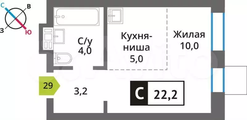 Квартира-студия, 22,2 м, 5/9 эт. - Фото 0