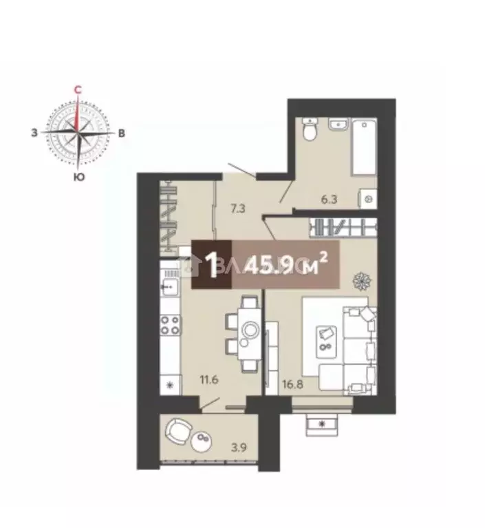1-к кв. Пензенская область, Пенза ул. Щербакова, 71 (45.9 м) - Фото 2