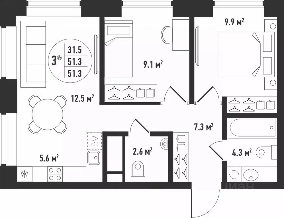 3-к кв. Астраханская область, Астрахань Августовская ул. (51.3 м) - Фото 2