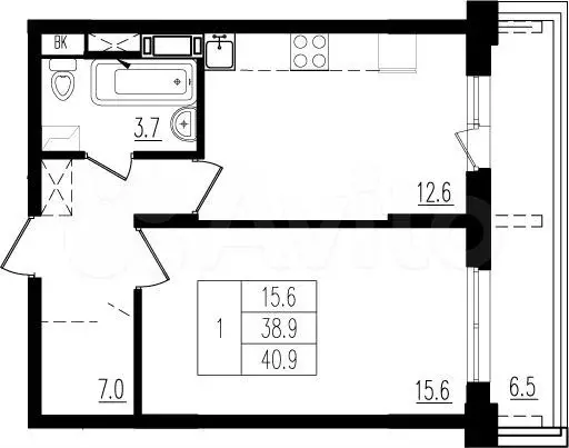 1-к. квартира, 41 м, 9/9 эт. - Фото 0