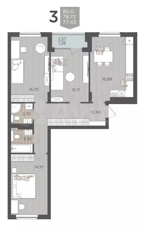 3-к. квартира, 80 м, 5/9 эт. - Фото 1
