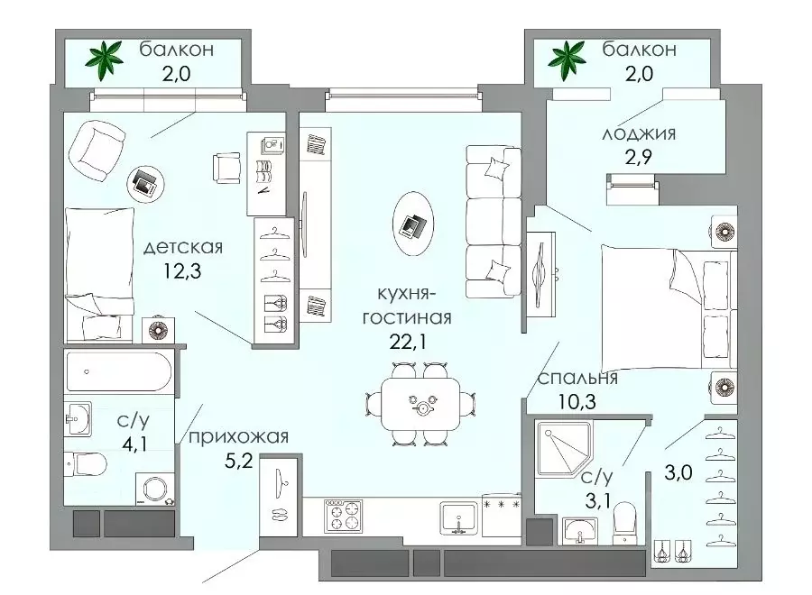 2-к кв. Тверская область, Тверь Южный мкр, Тот жилой комплекс (67.0 м) - Фото 2