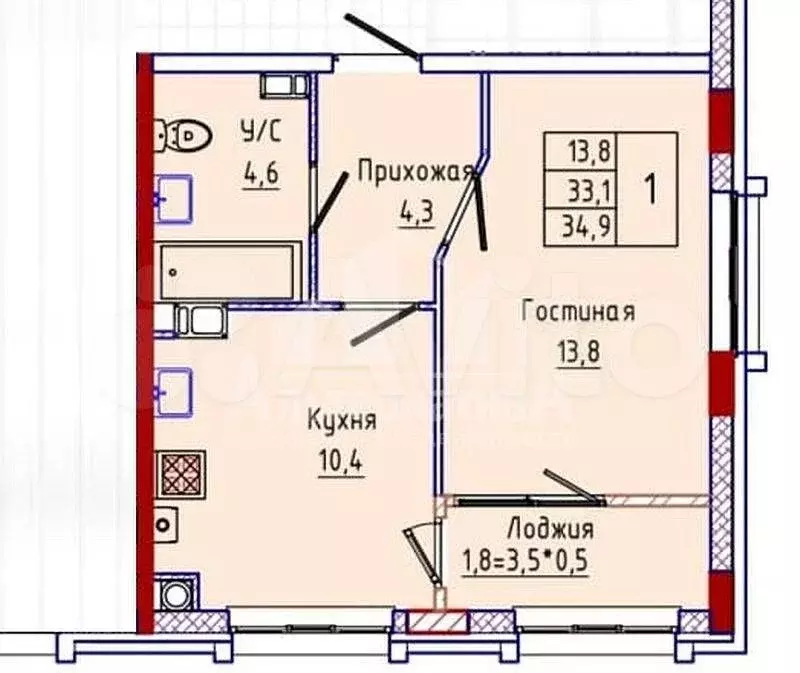 1-к. квартира, 34,9 м, 2/6 эт. - Фото 0