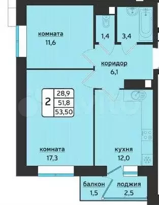 2-к. квартира, 53,5 м, 14/17 эт. - Фото 0