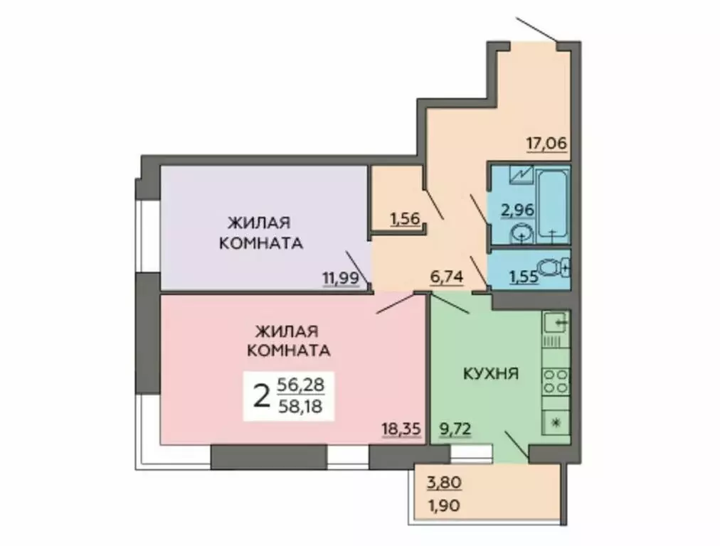 2-комнатная квартира: Воронеж, улица Ворошилова, 63/2 (58.56 м) - Фото 0